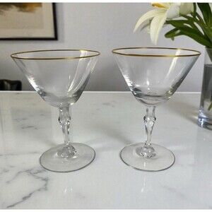 VTG Fostoria Aurora Sherbet/Champagne Glasses Gold Trim Logo Etched *READ